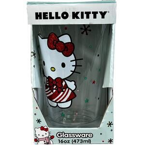 Hello Kitty Christmas Candy Cane Stripped Dress 16oz Glass Cup Seasonal NEW!